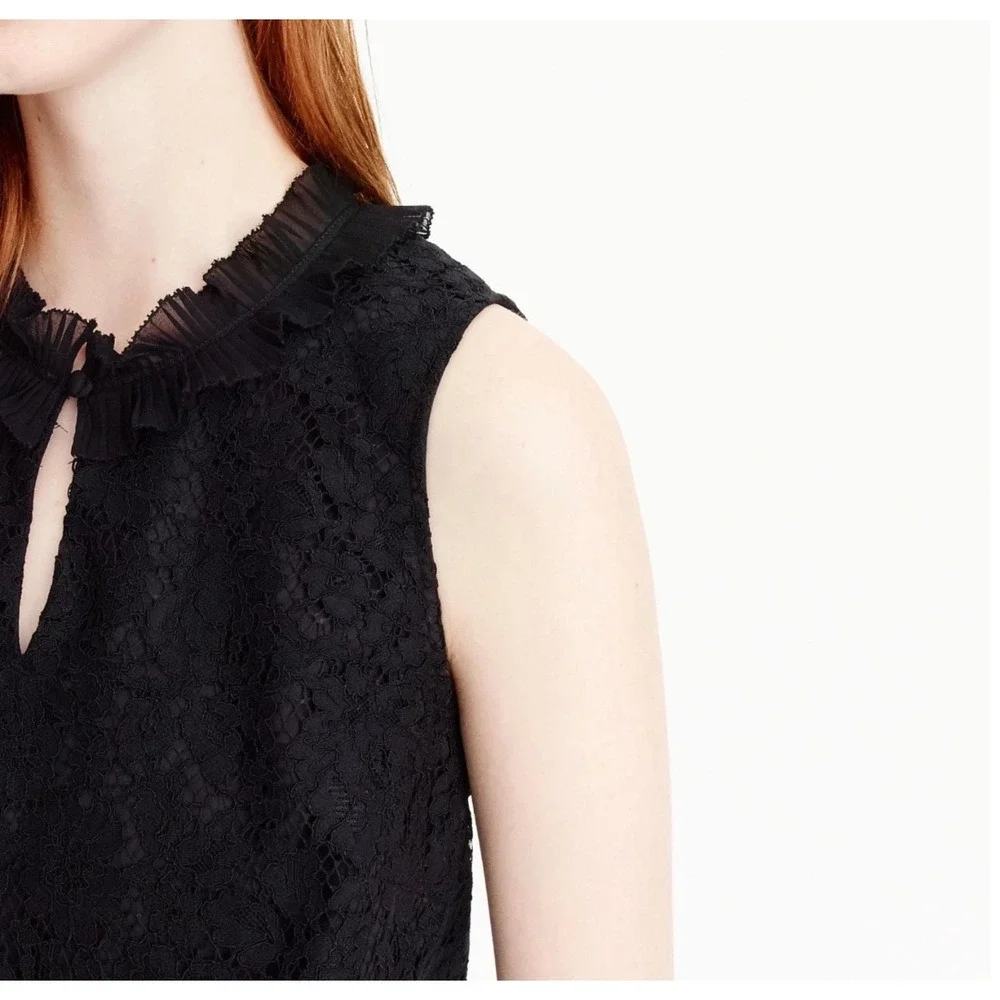J.Crew Lace Top Ruffle Mock Neck Sleeveless Keyhole Black Blouse Size Tall Small